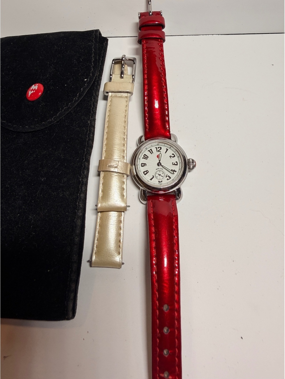 Michele Ladies Swiss Mini CRX Wristwatch with Red Patent Leather Strap and Extra